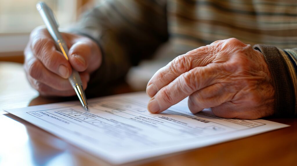 person filling out a mail in ballot at home, pen in hand and focused expression